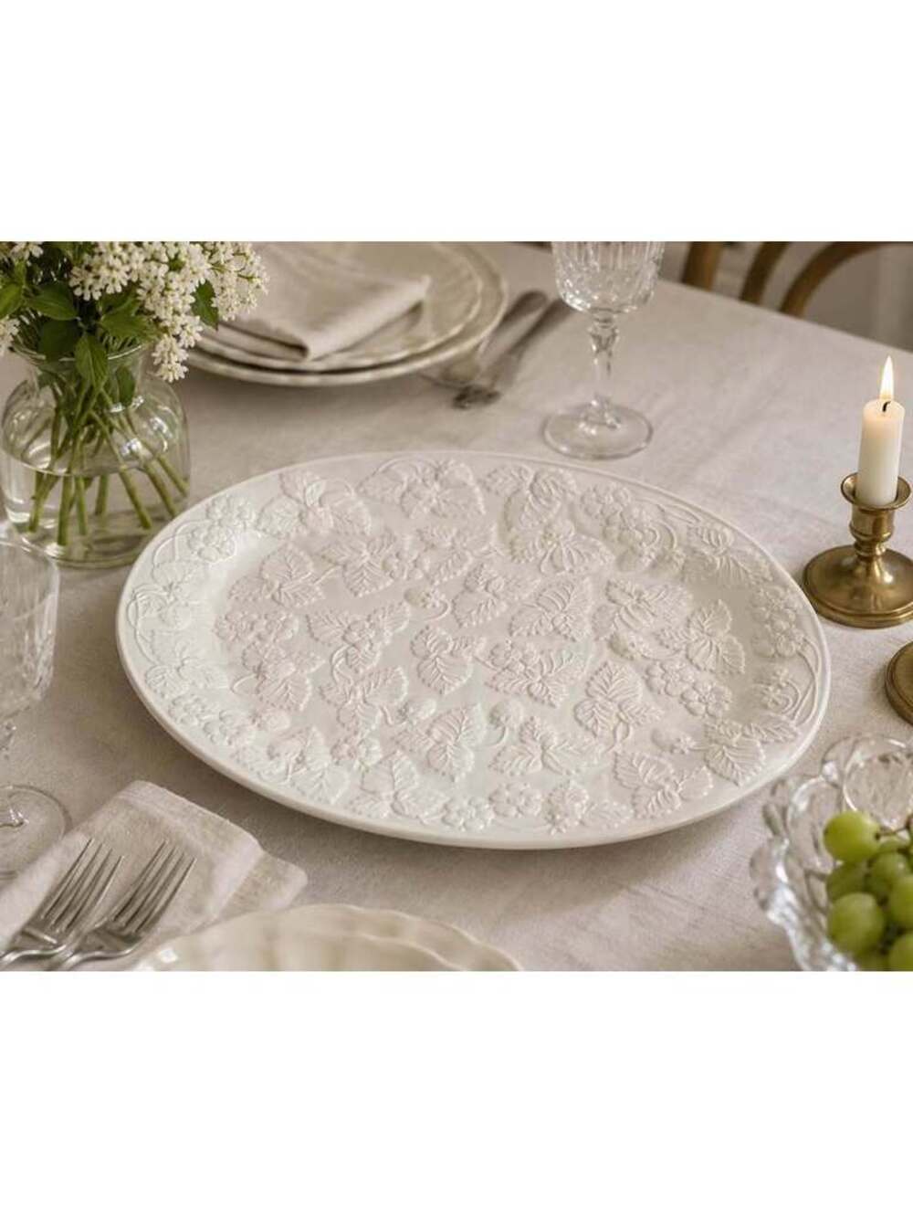 Large Vintage Made in Portugal White Embossed Strawberry Vine Serving Platter